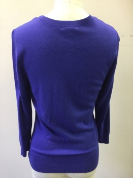 HALOGEN, Purple, Viscose, Nylon, Solid, 3/4 Sleeve, Button Front, Buttons Reinforced By Silk Ribbon, Ribbed Knit Collar/Waistband/Placket/Cuffs