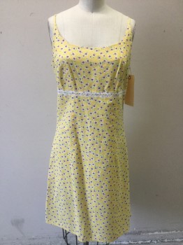 NO BOUNDARIES, Yellow, Cotton, Floral, Yellow with Red and White Flowers, Spaghetti Straps, White Lace Trim at Empire Waist, Back Zipper, Above Knee Length,