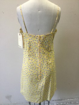 NO BOUNDARIES, Yellow, Cotton, Floral, Yellow with Red and White Flowers, Spaghetti Straps, White Lace Trim at Empire Waist, Back Zipper, Above Knee Length,