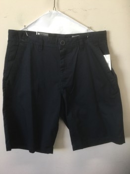 Mens, Shorts, VOLCOM, Navy Blue, Polyester, Cotton, Solid, W:34, Twill, Zip Fly, 4 Pockets, Belt Loops, 10.5" Inseam