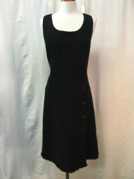 DEPECHE, Black, Wool, Acrylic, Solid, Boucle, Scoop Neck, 4 Button Detail at Side Left Front, Self Fringed Hemline