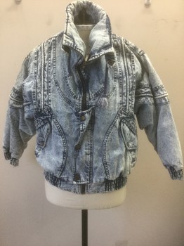 Mens, Jean Jacket, YOUNG LIFE CREATOR, Denim Blue, Lt Blue, Cotton, Acid Wash, S, Zip Front, Dolman Sleeves, Stand Collar, Elastic Waist/Cuffs, Various Self Seams/Panels/Piping, Colorful Loud Cartoon Pattern Lining, "Get Used" Patch at Center Back Shoulders,