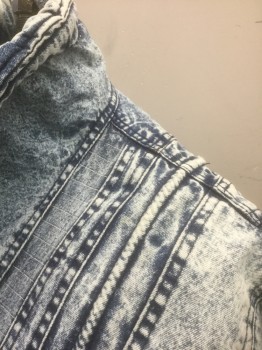 Mens, Jean Jacket, YOUNG LIFE CREATOR, Denim Blue, Lt Blue, Cotton, Acid Wash, S, Zip Front, Dolman Sleeves, Stand Collar, Elastic Waist/Cuffs, Various Self Seams/Panels/Piping, Colorful Loud Cartoon Pattern Lining, "Get Used" Patch at Center Back Shoulders,