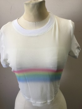 Womens, T-Shirt, OUT FROM UNDER, White, Blue, Green, Yellow, Pink, Nylon, Stripes, Solid, S/P, Rainbow on Front, Crew Neck, Short Sleeves, Cropped