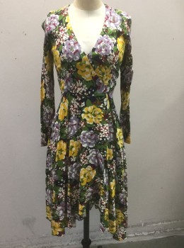TRASHY DIVA, Multi-color, Navy Blue, Green, Yellow, Lavender Purple, Rayon, Spandex, Floral, Navy Background with Lush Green, Yellow, Lavender, Maroon and Cream Floral Pattern, Wrap Dress, Long Sleeves, Wrapped V-neck, Self Tie Closures, Knee Length **Barcode on Waistband