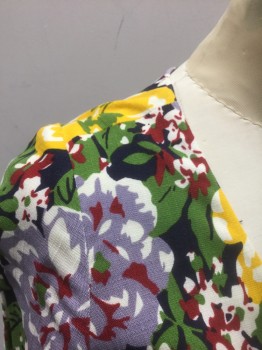 TRASHY DIVA, Multi-color, Navy Blue, Green, Yellow, Lavender Purple, Rayon, Spandex, Floral, Navy Background with Lush Green, Yellow, Lavender, Maroon and Cream Floral Pattern, Wrap Dress, Long Sleeves, Wrapped V-neck, Self Tie Closures, Knee Length **Barcode on Waistband