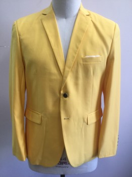 Mens, Sportcoat/Blazer, NL, Sunflower Yellow, Polyester, Viscose, Solid, 44R, Single Breasted, Notched Lapel, 2 Buttons, 3 Pockets, White "Pocket Square" Detail at Top Pocket