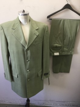 BENDETTI, Moss Green, Wool, Solid, Pleated Front, Self Geometric Weave,  Zoot Suit Like,