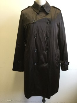 Womens, Coat, Trenchcoat, DANA BUCHMAN, Dk Brown, Cotton, Polyester, Solid, L, Satin, Double Breasted, Collar Attached, Detachable Storm Flap, Epaulets, 2 Pockets, Belted Cuffs ****missing One Belt****, Belt Loops ***missing Belt***Flap Back, Fleece Zip Detachable Lining **Barcode Inside Right Sleeve on Main Coat***
