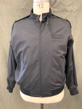 Mens, Casual Jacket, TOWNCRAFT, Black, Cotton, Polyester, Solid, L, Members Only Style Jacket, Zip Front, Stand Belted Collar with Belt Loops, Snap Epaulets, 3 Pockets, Long Sleeves, Ribbed Knit Waistband/Cuff