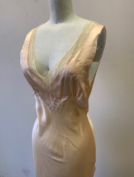 Womens, Sleepwear, N/L MTO, Lt Pink, Ecru, Solid, Floral, S, B <36", Night Gown, Satin, Sleeveless, Ecru Lace at V-neck, Cream Floral Embroidery at Bust, Jagged Empire Waist, Smocked Detail at Bust, Self Ties, Floor Length, Made To Order Multiples