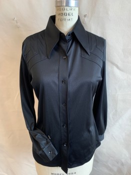 BOBBI BROOKS, Black, Polyester, Solid, Collar Attached, 3 Chevron Seams Front Shoulder, Button Front, Long Sleeves,