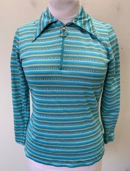 THE RED EYE, Sky Blue, Orange, Slate Blue, White, Polyester, Stripes - Horizontal , Novelty Pattern, Stretchy Knit, Long Sleeves, Pullover, Oversized Collar Attached, Zipper at Neck with O-Ring Pull,
