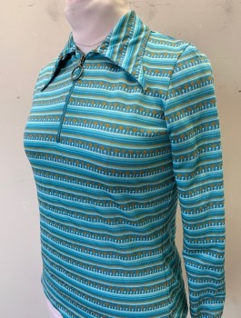 Womens, Shirt, THE RED EYE, Sky Blue, Orange, Slate Blue, White, Polyester, Stripes - Horizontal , Novelty Pattern, B:38, L, Stretchy Knit, Long Sleeves, Pullover, Oversized Collar Attached, Zipper at Neck with O-Ring Pull,