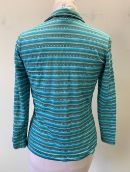 Womens, Shirt, THE RED EYE, Sky Blue, Orange, Slate Blue, White, Polyester, Stripes - Horizontal , Novelty Pattern, B:38, L, Stretchy Knit, Long Sleeves, Pullover, Oversized Collar Attached, Zipper at Neck with O-Ring Pull,