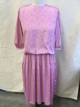 L.T.D By ROBERTA, Dusty Rose Pink, Polyester, Floral, Round Neck with Key Hole Back with 1 Pink Button, 3/4 Sleeves with Snap Button, Thin Elastic Waist, Upper Partial Accordion Pleat, Solid Rose Lining,