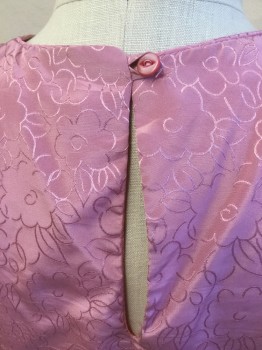 L.T.D By ROBERTA, Dusty Rose Pink, Polyester, Floral, Round Neck with Key Hole Back with 1 Pink Button, 3/4 Sleeves with Snap Button, Thin Elastic Waist, Upper Partial Accordion Pleat, Solid Rose Lining,