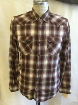 AMERICAN EAGLE, Brown, Maroon Red, Cream, Cotton, Plaid, Long Sleeves, 2 Pockets, Collar Attached, Western Yoke, Button Front,