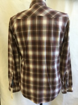 AMERICAN EAGLE, Brown, Maroon Red, Cream, Cotton, Plaid, Long Sleeves, 2 Pockets, Collar Attached, Western Yoke, Button Front,