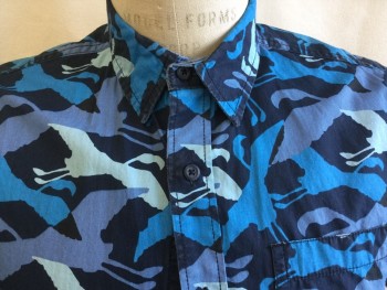 AMERCAN RAG, Navy Blue, Turquoise Blue, Baby Blue, Slate Blue, Cotton, Abstract , Animal Print, (DOUBLE)  Abstract Flying Birds,  Collar Attached, Button Front, 1 Pocket, Short Sleeves, Curved Hem