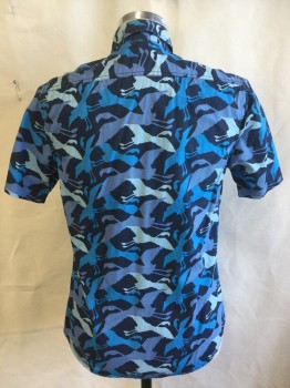 AMERCAN RAG, Navy Blue, Turquoise Blue, Baby Blue, Slate Blue, Cotton, Abstract , Animal Print, (DOUBLE)  Abstract Flying Birds,  Collar Attached, Button Front, 1 Pocket, Short Sleeves, Curved Hem