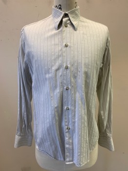 Mens, Shirt, MTO, Lt Gray, Brown, Lt Blue, Cotton, Stripes - Vertical , 15/34, Made To Order, Long Sleeves, Collar Attached, Button Front, Long Collar Points, Multiples,