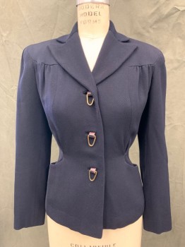 Womens, 1940s Vintage, Suit, Jacket, DUNNING'S, Midnight Blue, Wool, Solid, W 24, B 34, H 32, Twill, Single Breasted, Collar Attached, Peaked Lapel, Gathered at Rounded Yoke, 2 Pockets, Long Sleeves, Ceramic Brown Tubes with Brass Triangular Hooks Used for Buttons * Hole Beginning Back Shoulder Blade