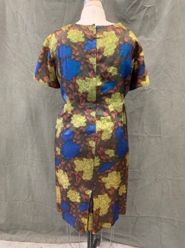 N/L, Green, Brown, Dk Brown, Blue, Silk, Floral, Scoop Neck, Short Sleeves, Off Center Front Seam with Horizontal Gathers and Flap, Zip Back, Hem Below Knee, Center Back Pleat at Hem with Slight Tear,