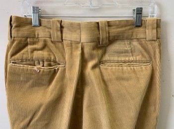 Mens, 1970s Vintage, Suit, Pants, N/L, Caramel Brown, Cotton, Solid, Ins:33, W:32+, Corduroy, Flat Front, Flared Leg, 4 Pockets, 1" Wide Belt Loops, Zip Fly,