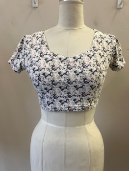 CURRANTS, Off White, Blush Pink, Olive Green, Dk Gray, Brown, Cotton, Abstract , Floral, Pull On, Princess Neck Line, Cap Sleeves, Cropped Top