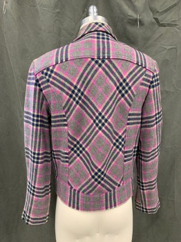 Mens, Jacket, MTO, Purple, Gray, Navy Blue, Cream, Wool, Plaid, 38, Button Front, Collar Attached, 2 Flap Patch Pockets, Waistband, Long Sleeves, Button Detail at Cuff