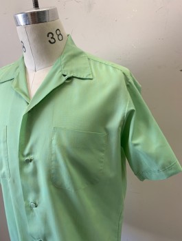CAMPUS, Mint Green, Poly/Cotton, Solid, Short Sleeves, Button Front, Collar Attached, 2 Patch Pockets, Hand Picked Stitching on Collar, Self Fabric Covered Buttons, 1950's