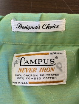 CAMPUS, Mint Green, Poly/Cotton, Solid, Short Sleeves, Button Front, Collar Attached, 2 Patch Pockets, Hand Picked Stitching on Collar, Self Fabric Covered Buttons, 1950's