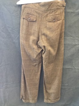 Mens, Pants, MTO, Brown, Lt Brown, Wool, Herringbone, Grid , 30/31, Button Fly,  Tab 6 Button Waist, Buckle Tabs Side Waist, 2 Flap Faux Pockets Front, 2 Side Slit Pocket, Pleated, Cuffed, 2 Flap Back Pockets, Distressed (especially at Cuff)
