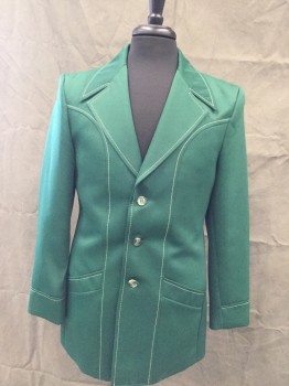 KMART, Emerald Green, Polyester, Solid, with Cream Topstitching, 3 Button Single Breasted,
