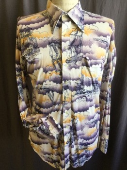 Mens, Shirt Disco, GOLD CREST BY DARBY, Off White, Beige, Peach Orange, Purple, Black, Polyester, Novelty Pattern, L, Ships Sailing in the Cloudy/stormy Sea, Collar Attached, Button Front, 1 Pocket, Long Sleeves, Curved Hem