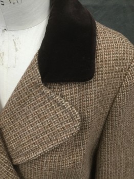 Womens, Coat, FORSTMANN, Tan Brown, Brown, Gray, Chocolate Brown, Wool, Grid , Tweed, B 36, Double Breasted, Chocolate Velvet Clover Collar, Notched Lapel, 2 Pockets, Long Sleeves, Back Belt Attached, Center Back Vent
