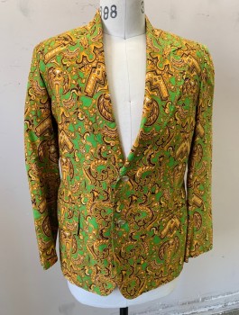 REWA'S, Lime Green, Sunflower Yellow, Black, Caramel Brown, Cotton, Abstract , Single Breasted, Wide Notched Lapel, 2 Buttons, 3 Pockets, Paisley Lining, Late 1960's **Has Shoulder Burn