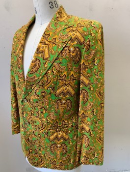 Mens, Blazer/Sport Co, REWA'S, Lime Green, Sunflower Yellow, Black, Caramel Brown, Cotton, Abstract , 38R, Single Breasted, Wide Notched Lapel, 2 Buttons, 3 Pockets, Paisley Lining, Late 1960's **Has Shoulder Burn