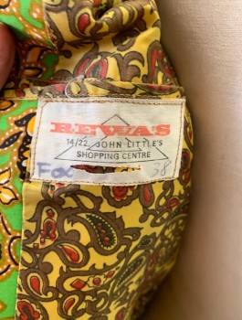 REWA'S, Lime Green, Sunflower Yellow, Black, Caramel Brown, Cotton, Abstract , Single Breasted, Wide Notched Lapel, 2 Buttons, 3 Pockets, Paisley Lining, Late 1960's **Has Shoulder Burn
