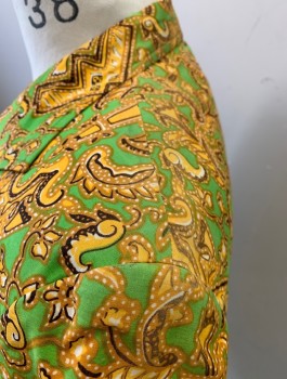 Mens, Blazer/Sport Co, REWA'S, Lime Green, Sunflower Yellow, Black, Caramel Brown, Cotton, Abstract , 38R, Single Breasted, Wide Notched Lapel, 2 Buttons, 3 Pockets, Paisley Lining, Late 1960's **Has Shoulder Burn
