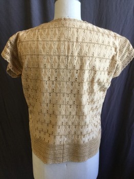 Womens, Blouse, MTO, Lt Brown, Beige, Linen, Cotton, 40, L, B:36-, S/S, Geometric Eyelet Lace, Little Collar That Ends at Shoulder Seams with Button & Ribbon CF, Pullover,