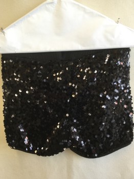 Womens, Shorts, FOX 01, Black, Polyester, Solid, XS, Clubbing, Short Shorts, 1.5" Ribbed Knit Black Elastic Waist Band, Black Sequins with Solid Black Trim