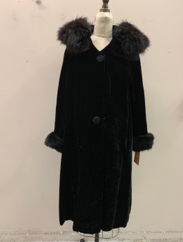 Womens, Coat, NL, Black, Silk, Fur, Solid, B 34, Silk Rayon Velvet, Large Collar with Black Fur Trim, Two Large Snap Buttons, Fur Lined Cuffs, 2 Pockets