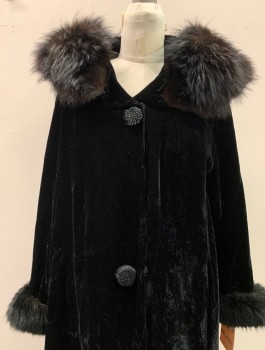 Womens, Coat, NL, Black, Silk, Fur, Solid, B 34, Silk Rayon Velvet, Large Collar with Black Fur Trim, Two Large Snap Buttons, Fur Lined Cuffs, 2 Pockets