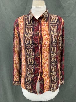 Womens, Blouse, ALLISON TAYLOR, Dk Red, Gold, Black, Taupe, Brown, Silk, Floral, Stripes, L, Fabric Covered Button Front, Collar Attached, Long Sleeves, Button Cuff,