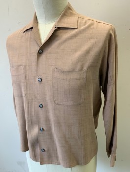 DA VINCI, Lt Brown, Brown, Cotton, Plaid-  Windowpane, Faint Plaid, Long Sleeves, Button Front, Collar Attached, 2 Patch Pockets, 1950's