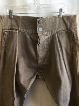 Mens, Historical Fiction Pants, JAS TOWNSEND & SON, Lt Brown, Cotton, Solid, 38/32, Aged/distressed, 3"  Waistband with 2 Large Silver Buttons, Pleat, Split and Gray String Lacing Back, Silver Button Front, 2 Fold Over Flap with 1 Matching Silver Button Pocket Front,