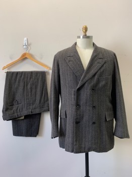 Mens, 1920s Vintage, Suit, Jacket, SIAM COSTUMES MTO, Dusty Brown, Black, Tan Brown, Wool, Herringbone, Stripes - Vertical , 42/28+, 48R, 6 Btn Double Breasted, Edge-stitched Peaked Lapel, 3 Btns On Cuffs