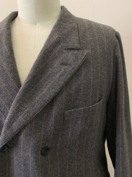 Mens, 1920s Vintage, Suit, Jacket, SIAM COSTUMES MTO, Dusty Brown, Black, Tan Brown, Wool, Herringbone, Stripes - Vertical , 42/28+, 48R, 6 Btn Double Breasted, Edge-stitched Peaked Lapel, 3 Btns On Cuffs